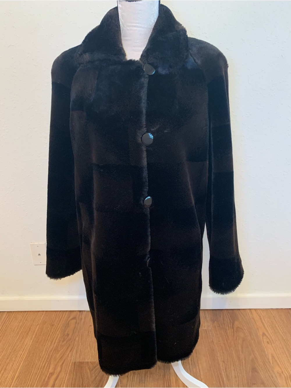 Black Brown color block Faux sheared beaver Fur Button front coat Gallery Sz S